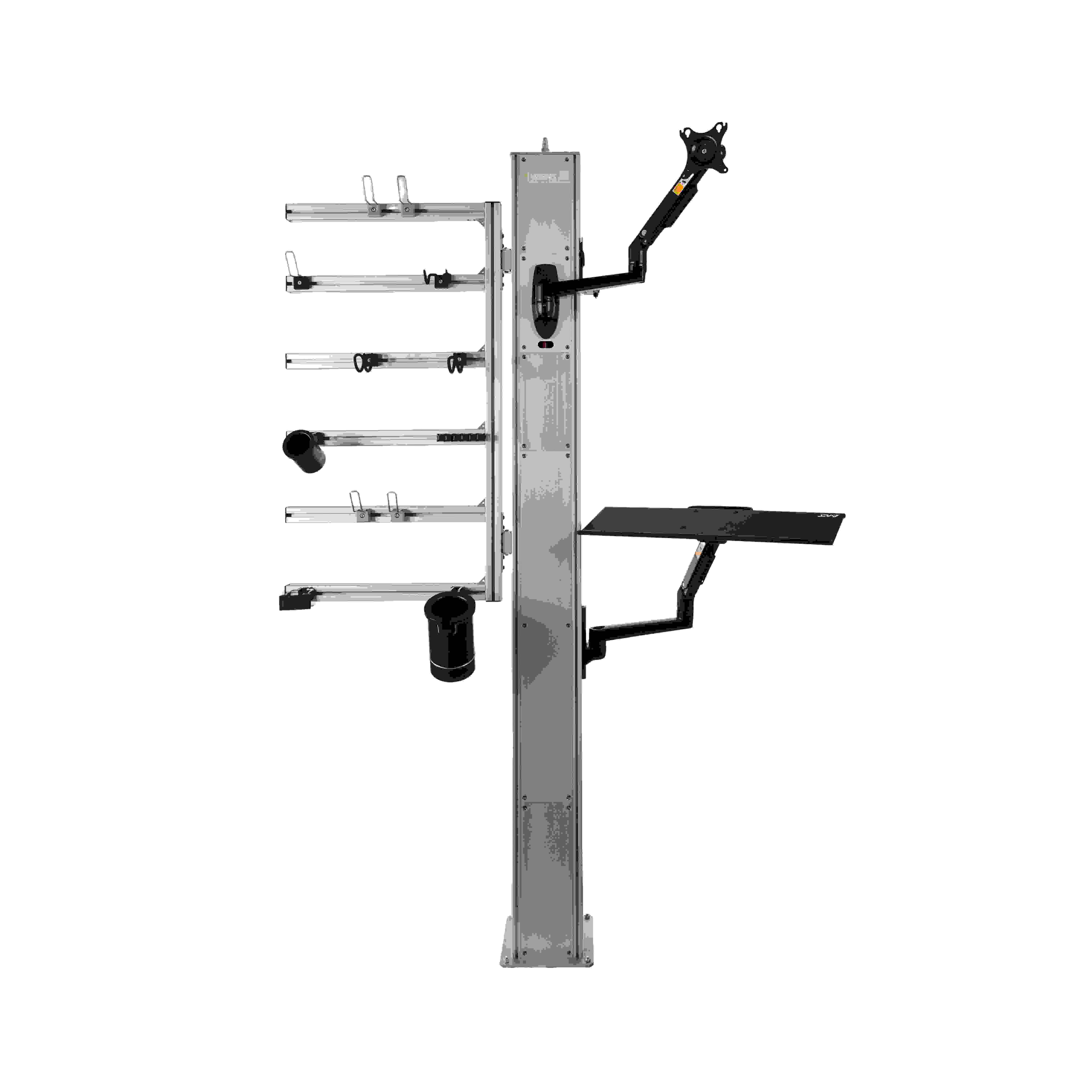 Assembly Line Tower — powered modular workstation with tool rack, monitor arm, and integrated power and air