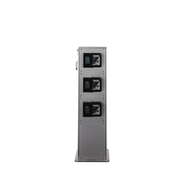 Charging Tower — centralized battery charging hub compatible with Makita, DeWalt, and Milwaukee chargers