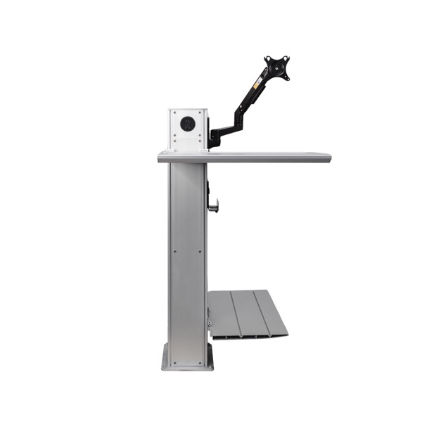 Core Tower — slim modular workstation with screen arm, keyboard tray, and integrated power outlets