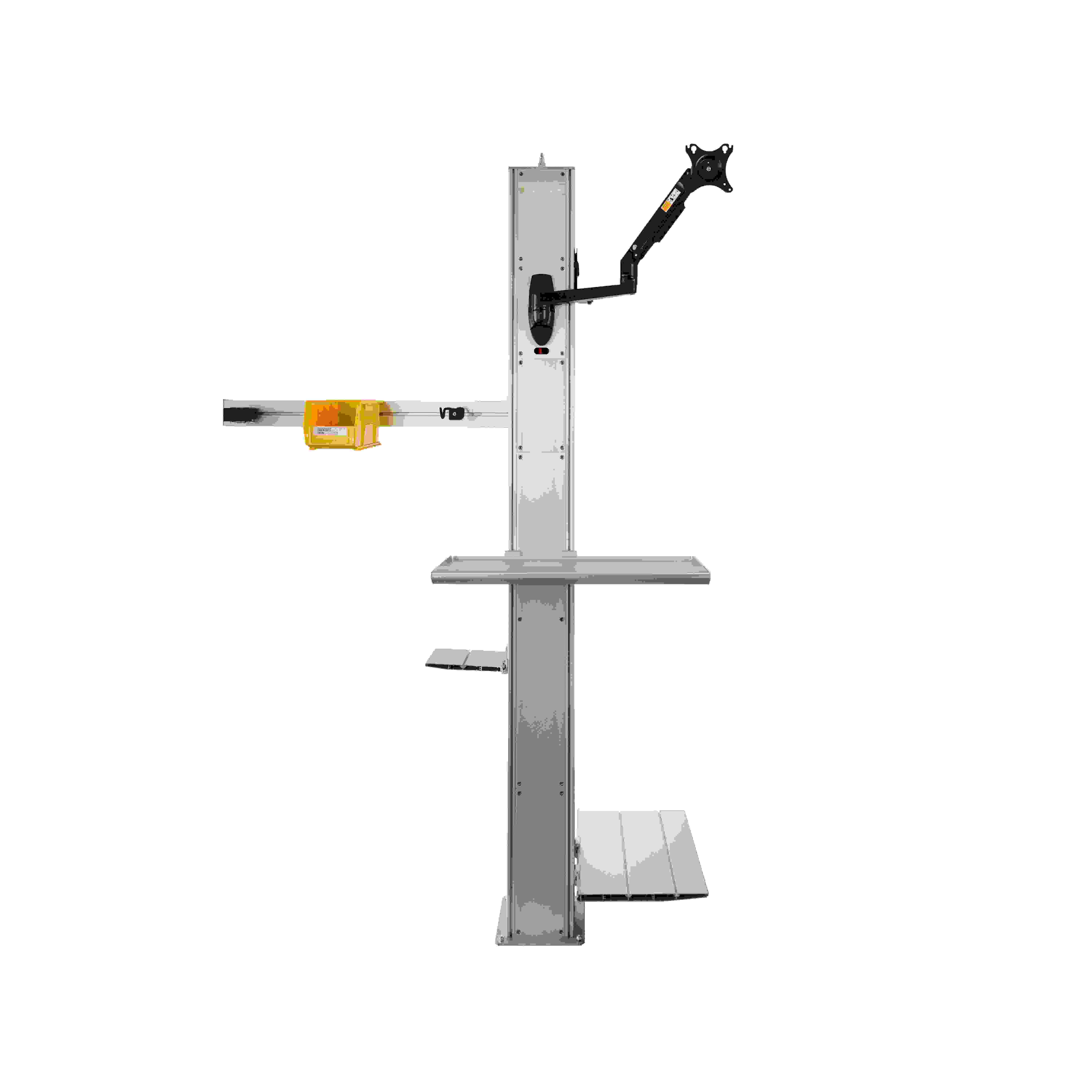 Warehouse Tower — dock-side modular workstation with monitor arm, keyboard tray, compressed air, and RJ45 data